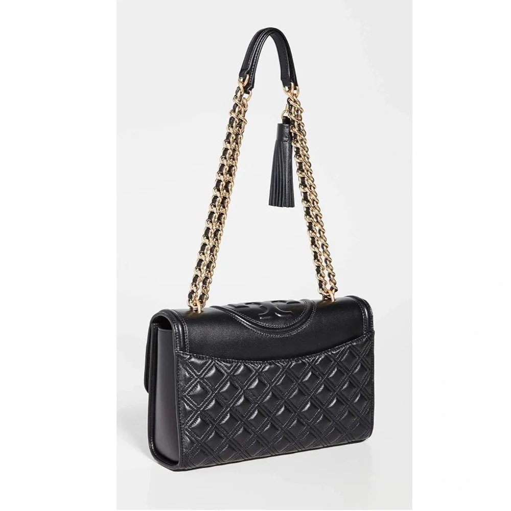 Tory Burch Black Quilted Fleming Convertible Leather Shoulder Bag Gold Chain NWT